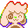 Bust portrait of Sundae smiling at the viewer with his eyes closed, outlined in rainbow colors and a secondary white outline around that.