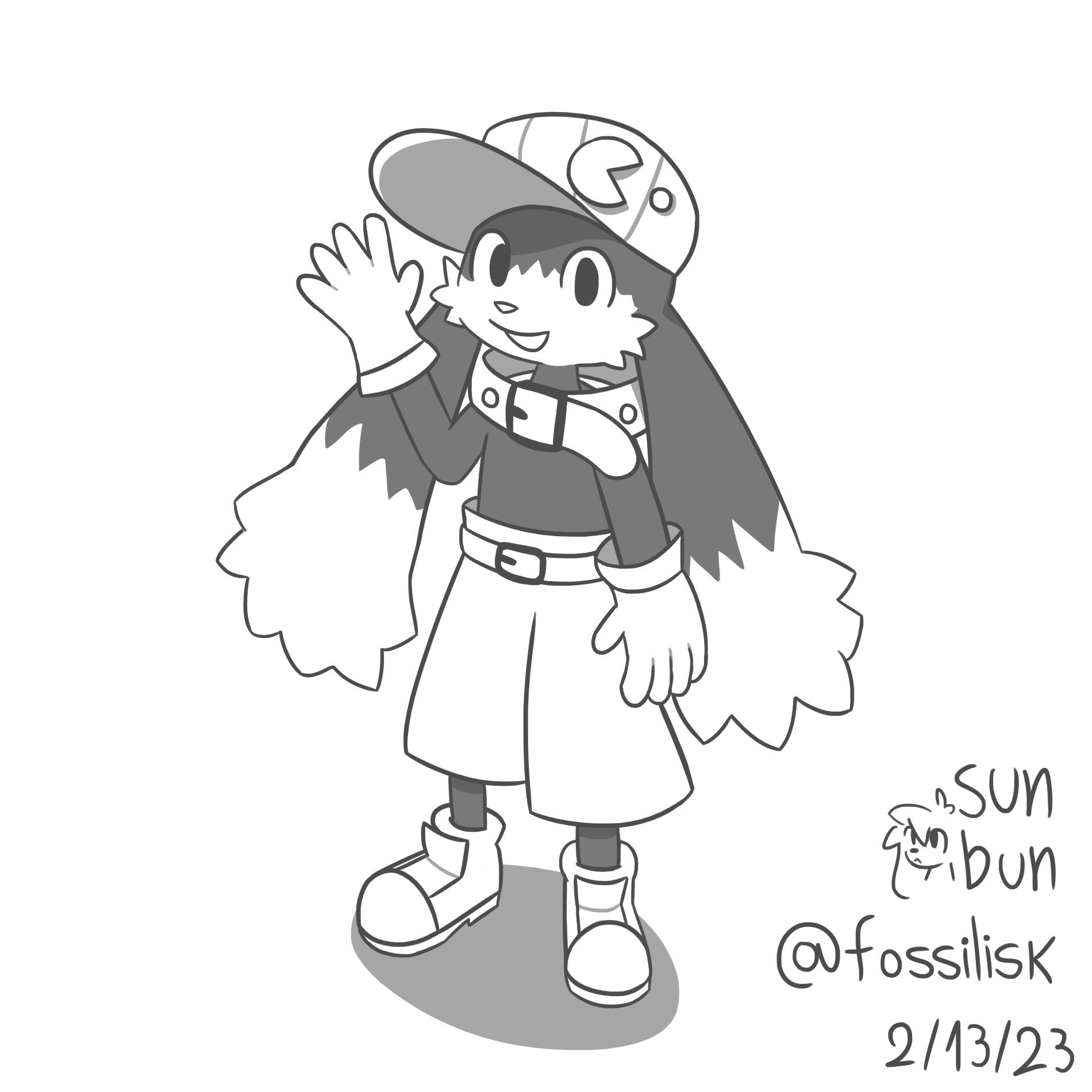 Monotone sketch of Klonoa. He's standing, looking at the viewer and waving his hand.