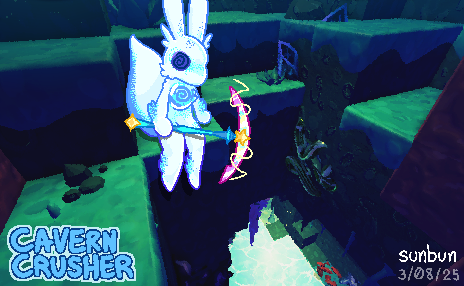 Mallow from Cavern Crusher, sitting on the ledge of a mossy stone pit with water at the bottom.