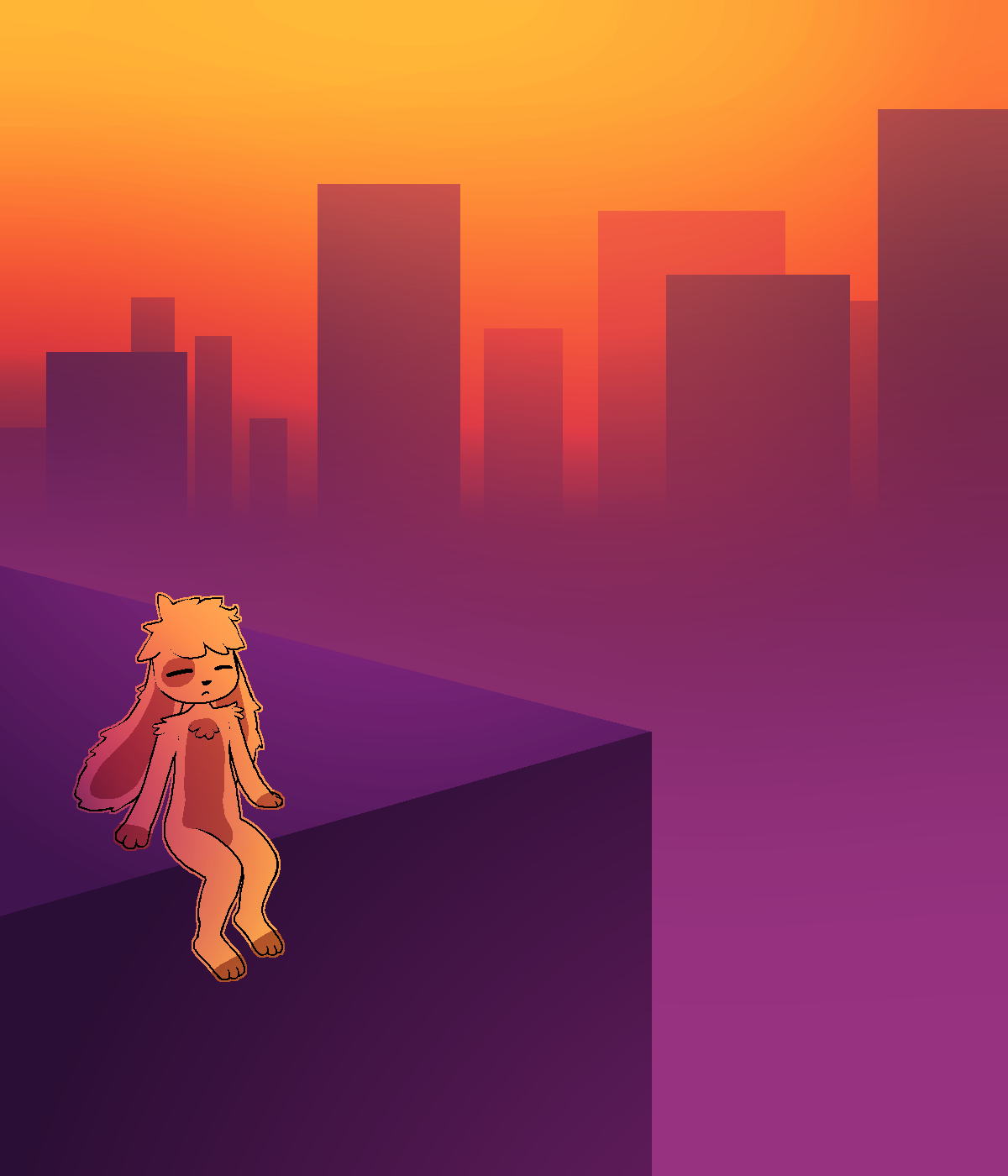 Poster artwork of Sundae sitting on the edge of a non-descript building's rooftop, with distant skyscrapers and fog looming.