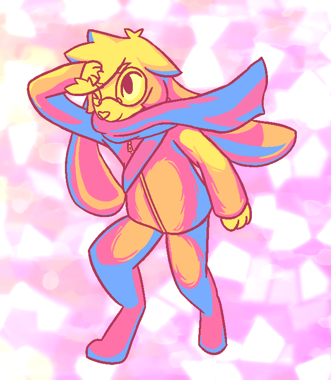 Shaded sketch of Sundae, superimposed on a pink shiny stained-glass background. The color palette is themed around the colors of the Pansexual pride flag.