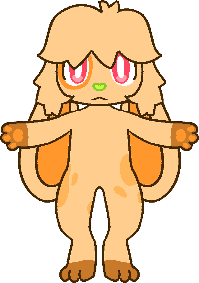 Reference/model sheet of Sundae with a full-length front portrait, T-posed.