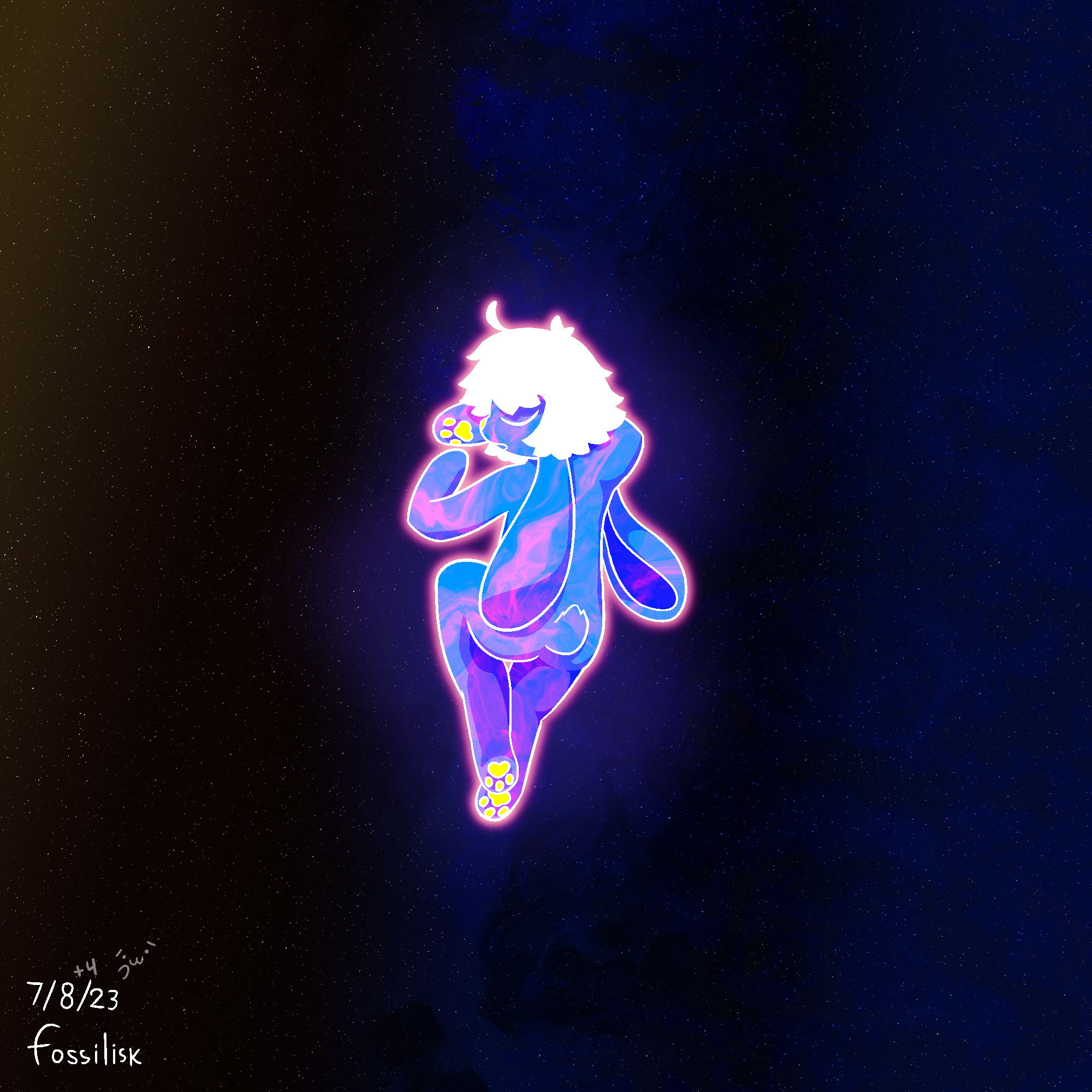 Full-length portrait of Sundae in a glowing blue and pink form with white hair, suspended in outer space; sleeping on the edge of a blue nebula on a space gas cloud that's his size.
